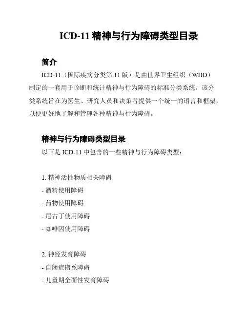 ICD-11精神与行为障碍类型目录