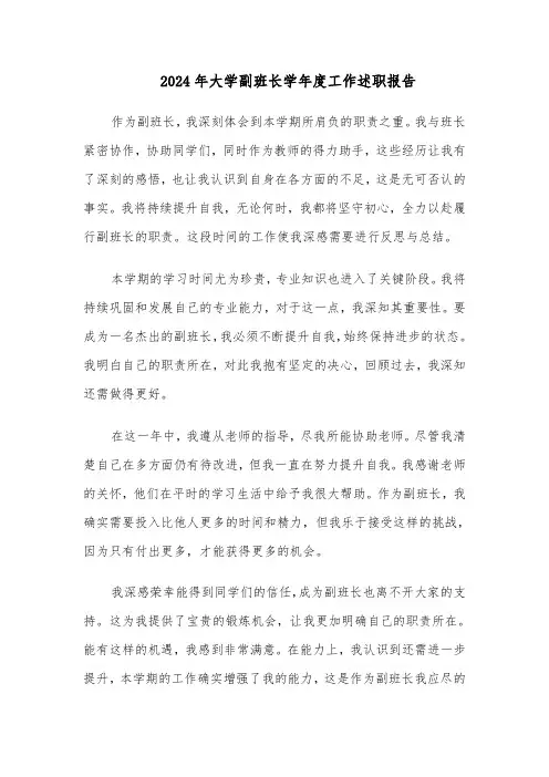 2024年大学副班长学年度工作述职报告(三篇)