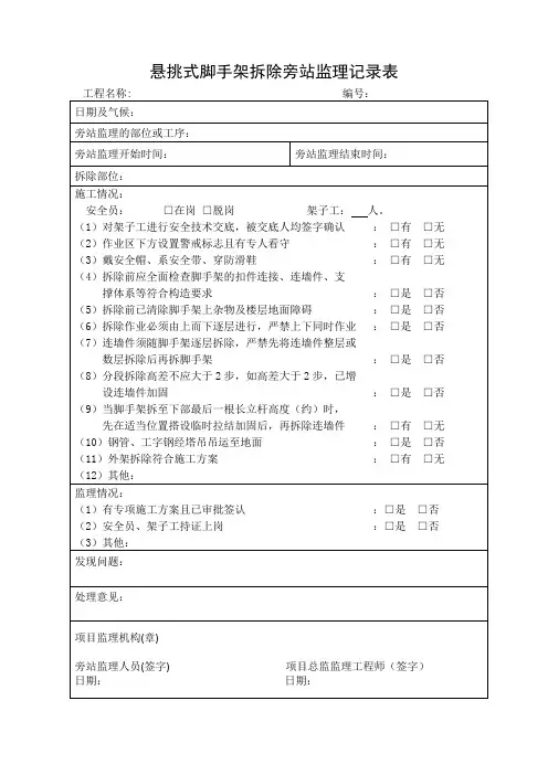 悬挑外脚手架拆除旁站监理记录表