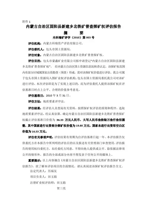 内蒙古自治区固阳县新建乡北铁矿普查探矿权评估报告