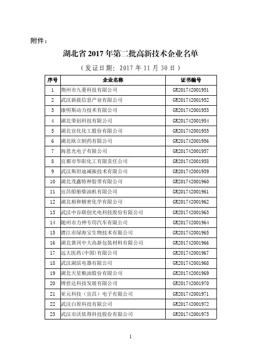 湖北省2017年第二批高新技术企业名单