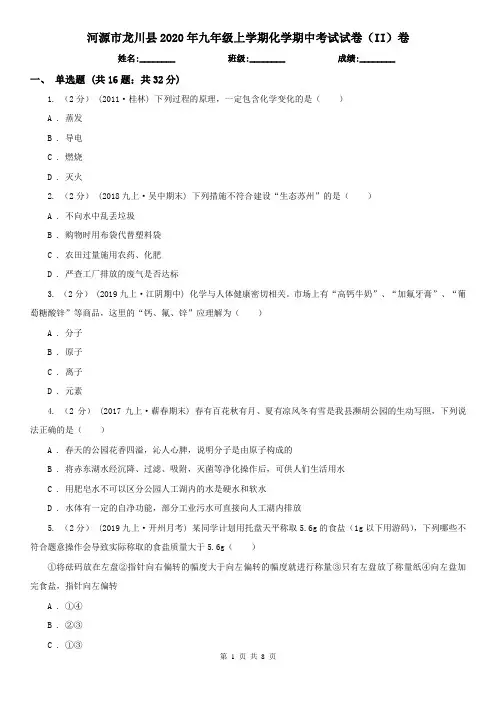 河源市龙川县2020年九年级上学期化学期中考试试卷(II)卷