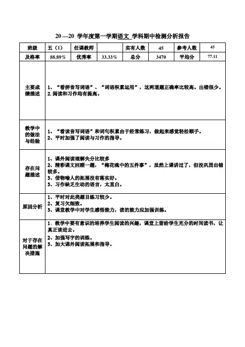 五年级上期中语文试卷分析