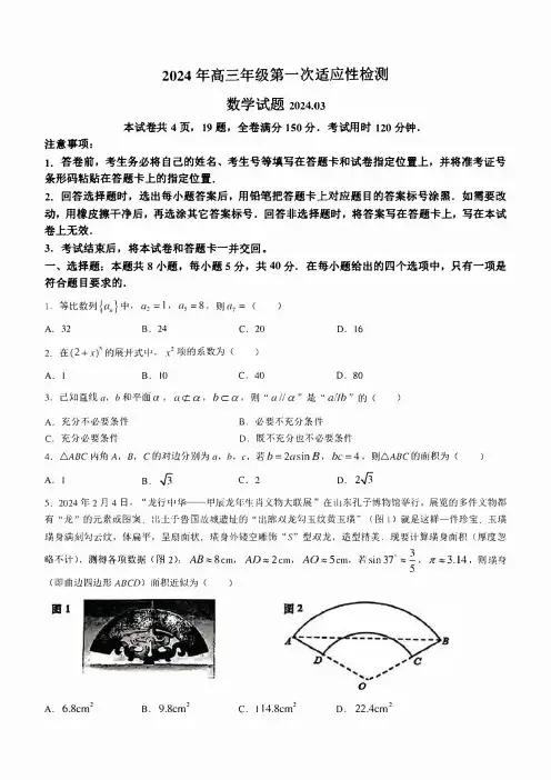 山东省青岛市2024届高三下学期3月第一次适应性检测试题(一模) 数学 含答案