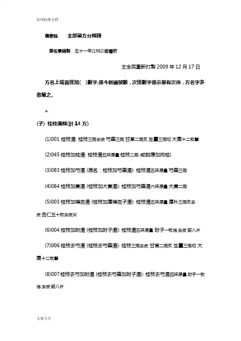 伤寒论全部药方分类录