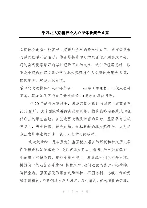 学习北大荒精神个人心得体会集合6篇