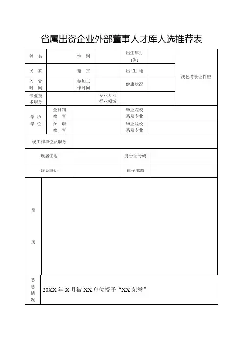 省属出资企业外部董事人才库人选推荐表