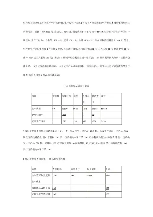 废品损失的核算例题