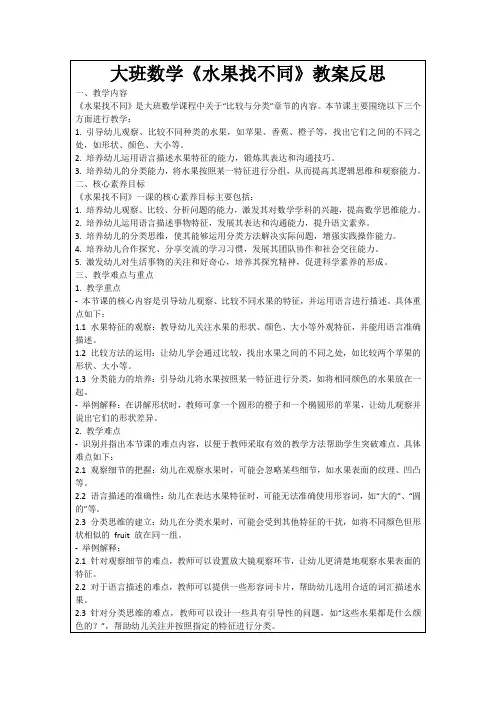 大班数学《水果找不同》教案反思