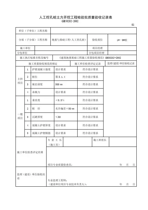 人工挖孔桩土方开挖工程检验批质量验收记录表