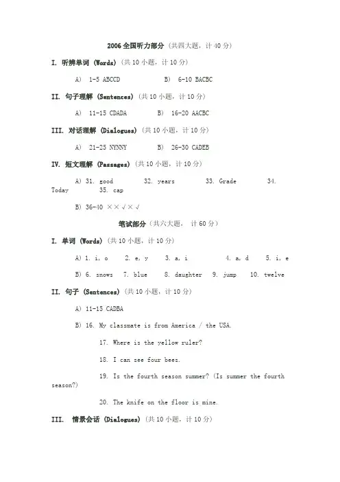 2006全国小学生英语竞赛决赛答案