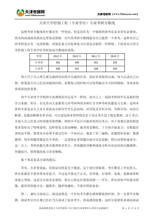 天津大学控制工程（专业学位）专业考研分数线