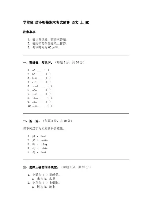 学前班 幼小衔接期末考试试卷 语文 A卷2024 