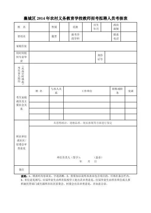 襄城区2014年农村义务教育学校教师招考拟聘人员考核表