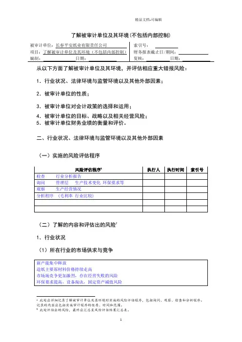 长春平安纸业有限责任公司素引号B3风险评估工作底稿