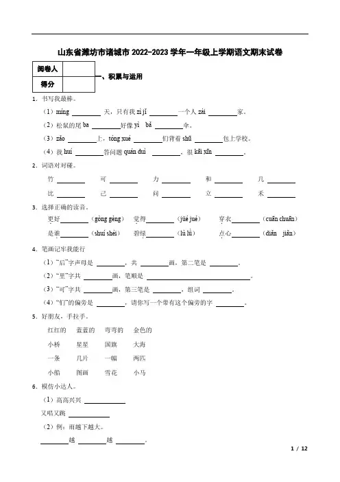 山东省潍坊市诸城市2022-2023学年一年级上学期语文期末试卷