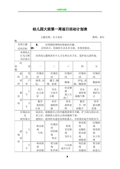 大班周计划表1
