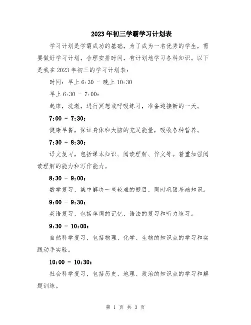 2023年初三学霸学习计划表