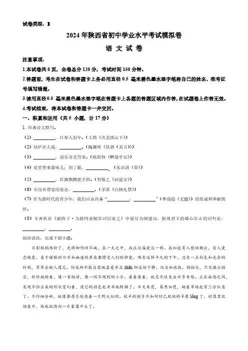 精品解析：2024年陕西省部分学校中考一模语文试题(原卷版)