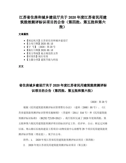 江苏省住房和城乡建设厅关于2020年度江苏省民用建筑能效测评标识项目的公告（第四批、第五批和第六批）