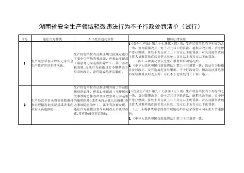湖南省安全生产领域轻微违法行为不予行政处罚清单试行