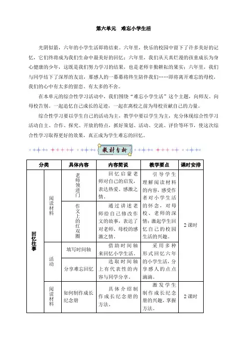 新教材部编版六年级语文下册：教案-第六单元难忘小学生活