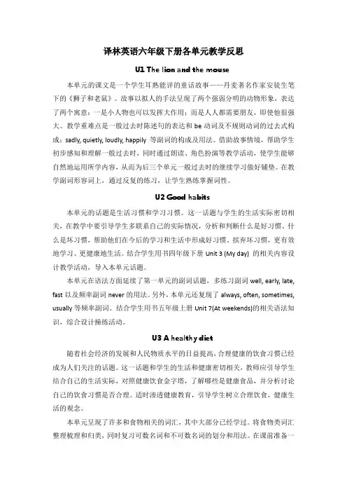 译林英语六年级下册各单元教学反思