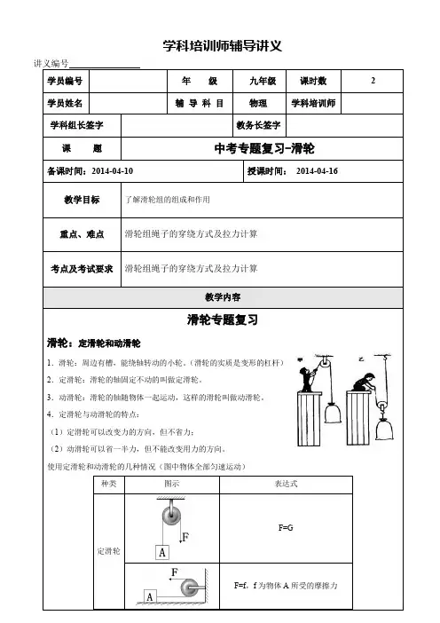 中考物理滑轮专题复习