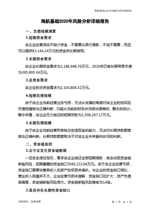海航基础2020年财务风险分析详细报告