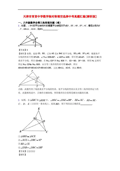 天津市育贤中学数学轴对称填空选择中考真题汇编[解析版]