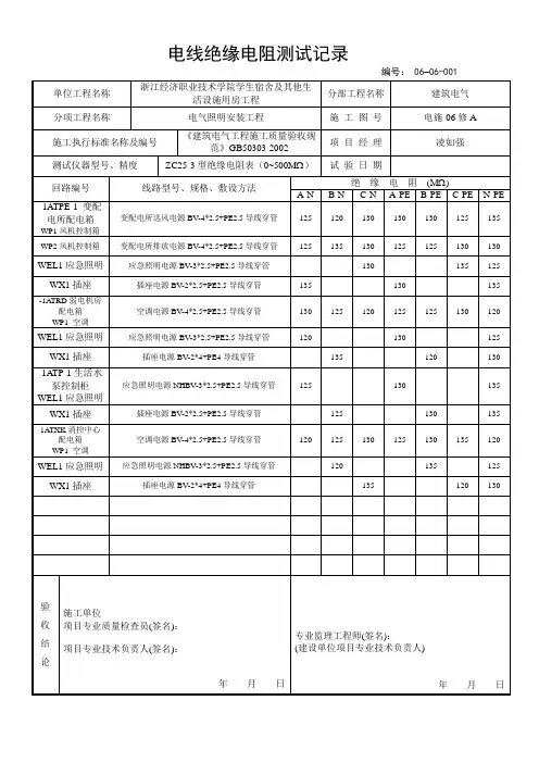 电线绝缘电阻测试记录