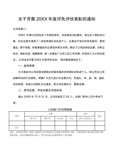 关于开展年度评先评优表彰的通知年度评先评优表彰方案