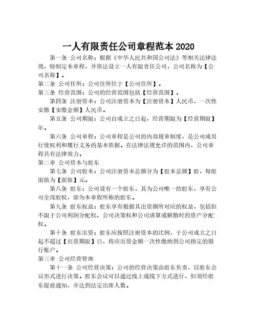 一人有限责任公司章程范本2020
