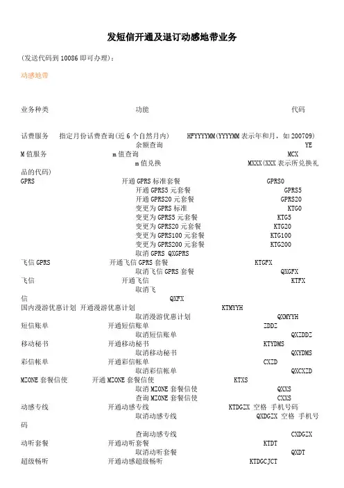 中国移动业务办理短信代码集
