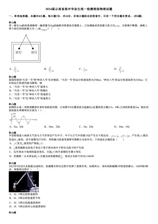 2024届云南省高中毕业生统一检测理综物理试题
