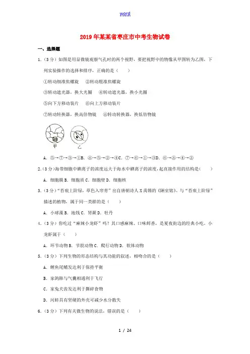 山东省枣庄市中考生物真题试题(含解析)-人教版初中九年级全册生物试题