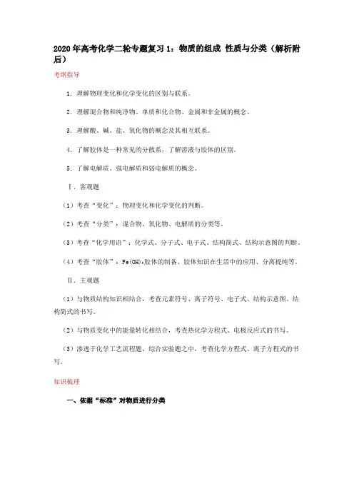 2020年高考化学二轮专题复习1：物质的组成 性质与分类(解析附后)