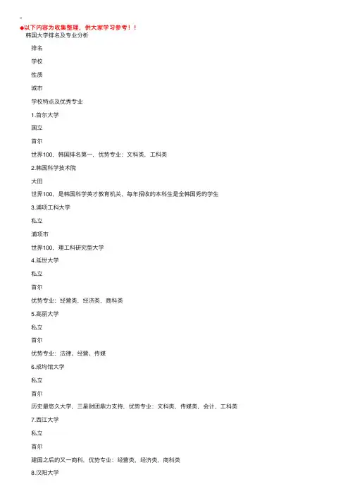 韩国大学排名及专业分析