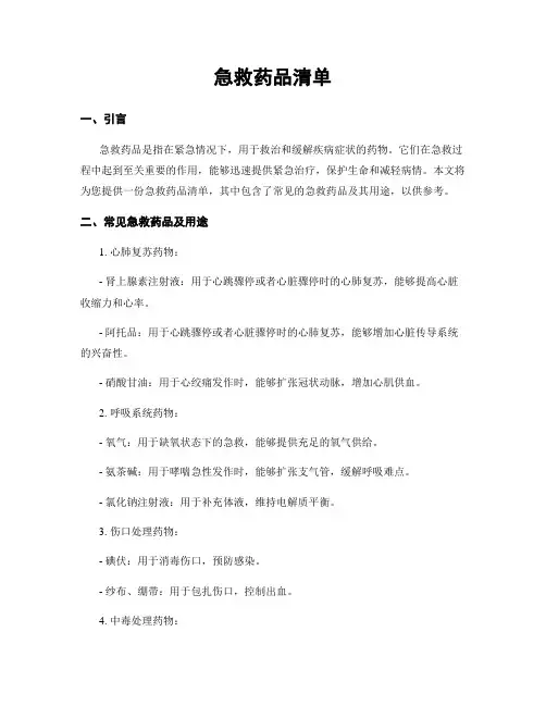 急救药品清单