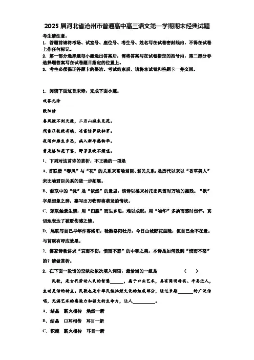 2025届河北省沧州市普通高中高三语文第一学期期末经典试题含解析