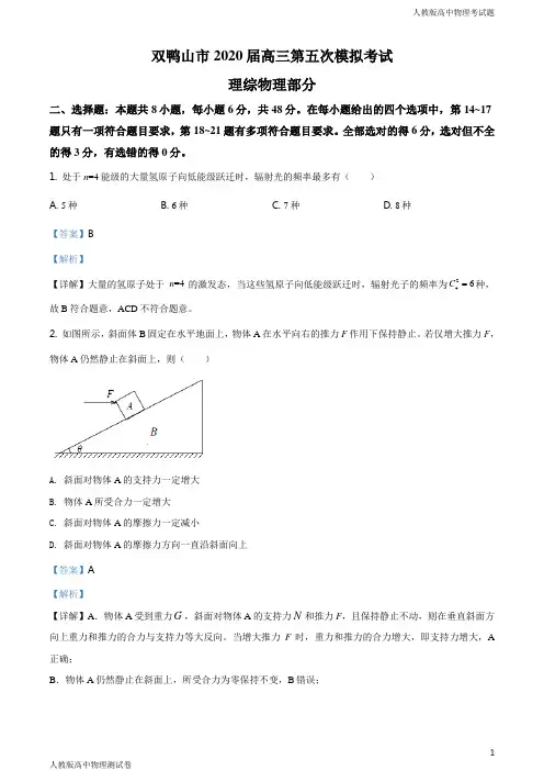 人教版高三下学期物理第五次模拟考试理综试题解析版