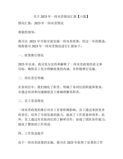 关于2023年一岗双责情况汇报【六篇】