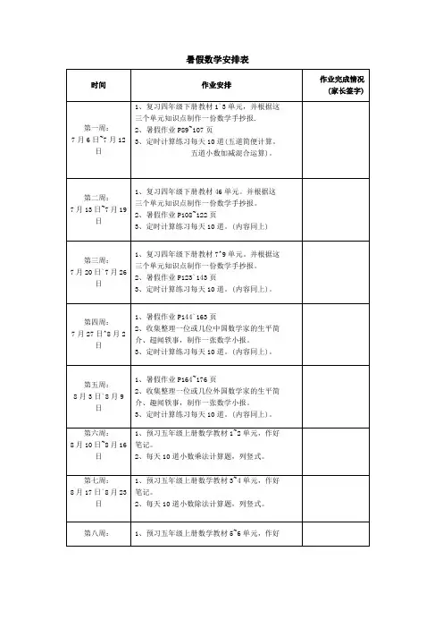 暑假数学安排表