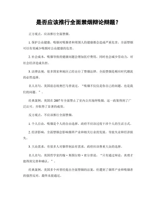 是否应该推行全面禁烟辩论辩题？