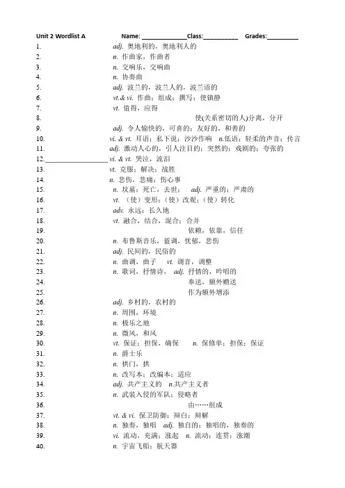 译林版高中英语选择性必修一Unit2 Wordlist 过关卷(名校)