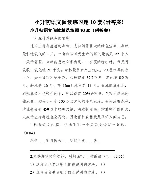 小升初语文阅读练习题10套(附答案)