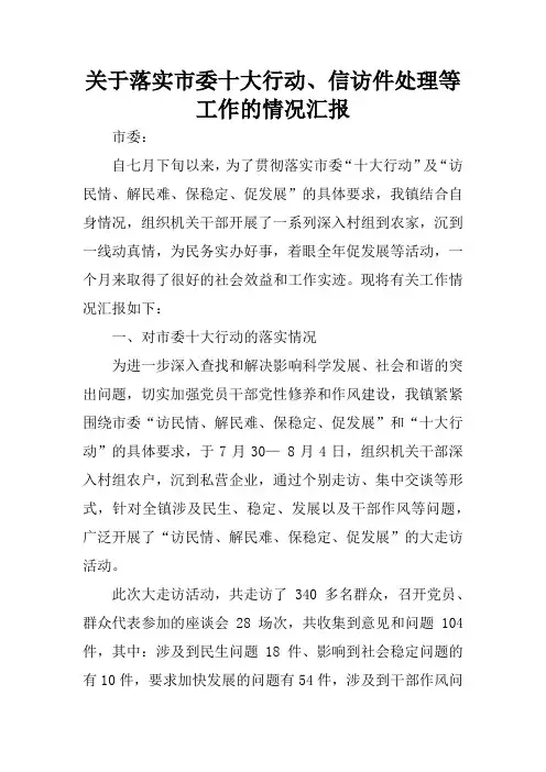 关于落实市委十大行动、信访件处理等工作的情况汇报