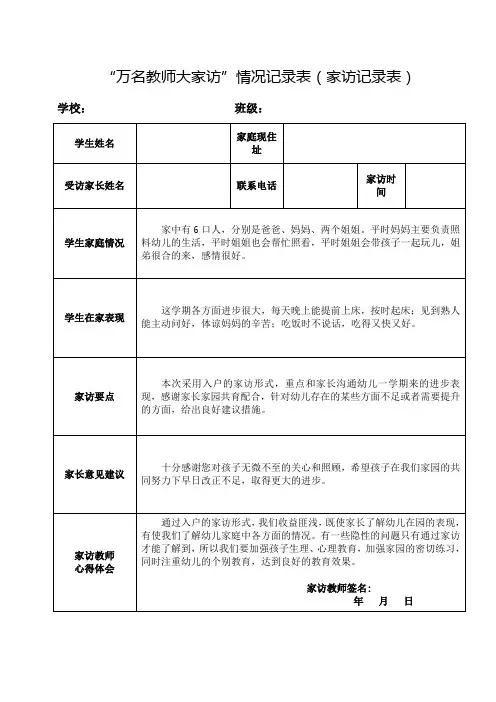 “万名教师大家访”情况记录表(家访记录表)