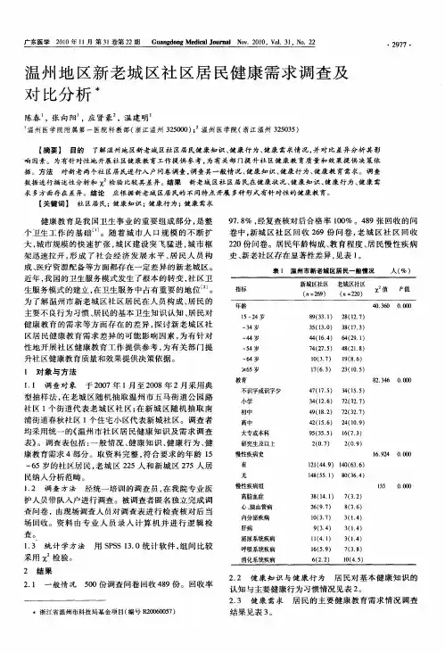 温州地区新老城区社区居民健康需求调查及对比分析