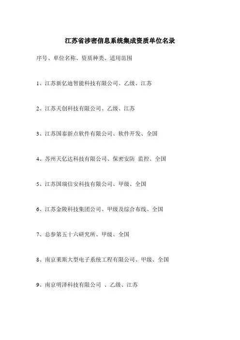 江苏省涉密信息系统集成资质单位名录